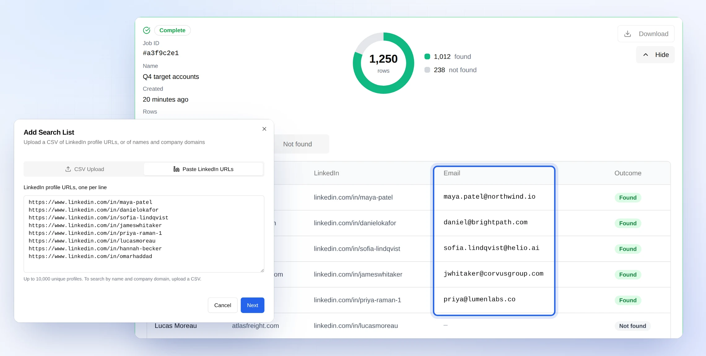 The OrbiSearch web app: LinkedIn profile URLs pasted in, with a verified work email found for each